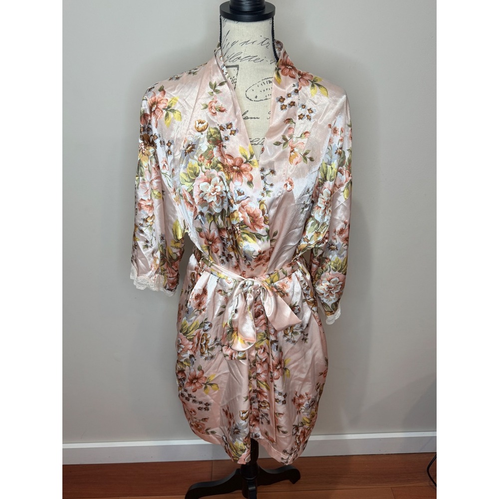 Victoria's Secret Gold Label Pink Floral Slip, Robe and Belt Sz S Vintage Set